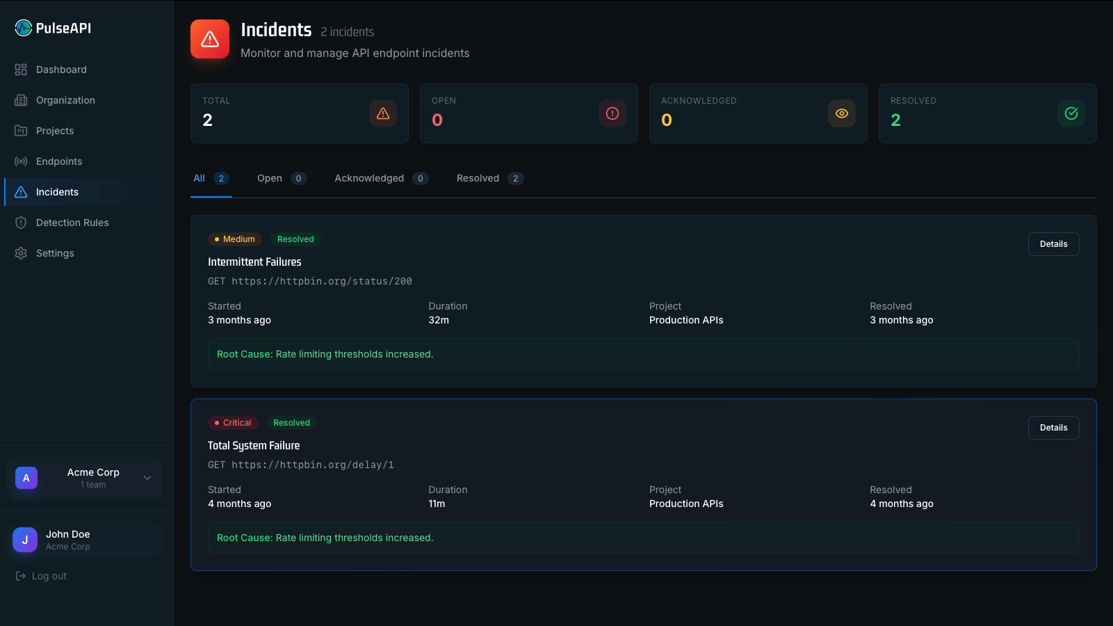 PulseAPI incidents view showing intelligent alert grouping and detection rules