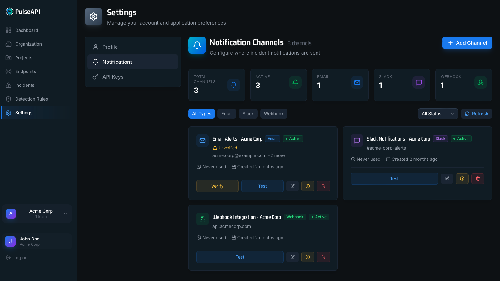 PulseAPI developer settings showing API access and webhook configuration
